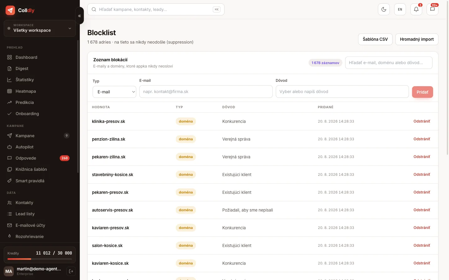 Blocklist v Colldly: domény a adresy, ktoré sa nikdy neoslovia