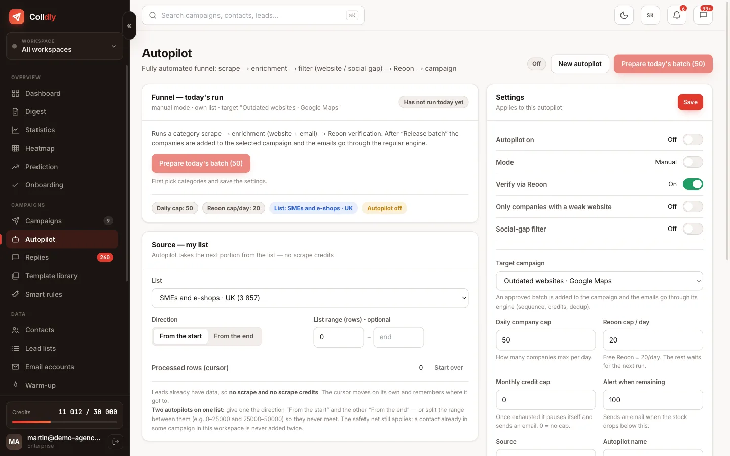 Autopilot in Colldly working through a lead list with a daily cap