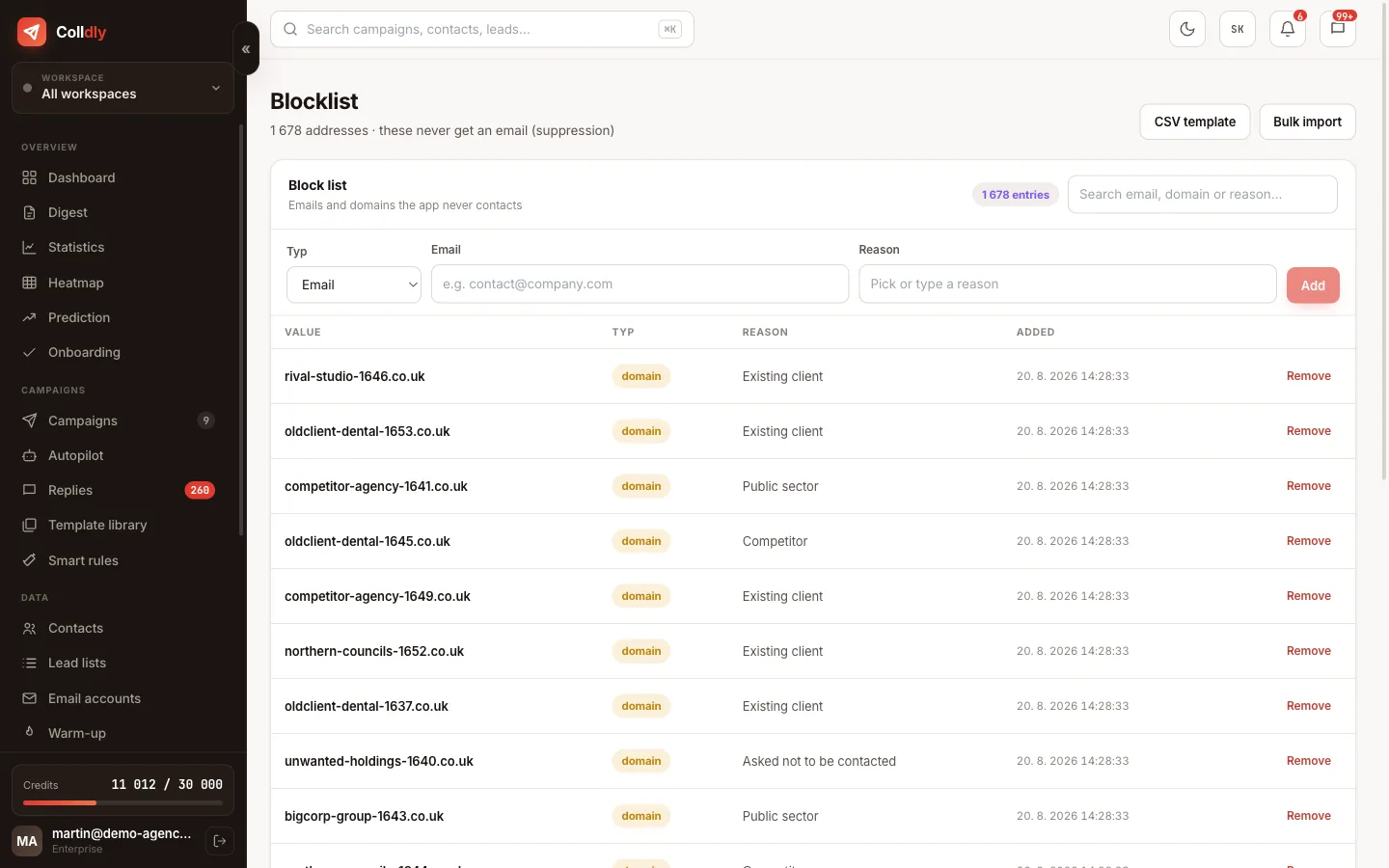 Blocklist in Colldly: domains and addresses that are never contacted