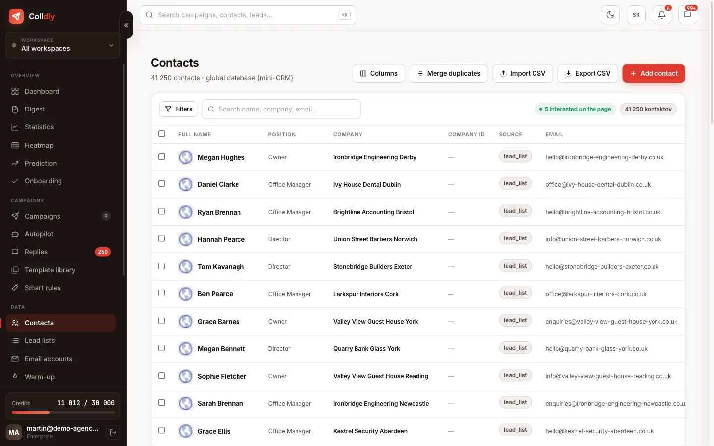 Contacts in Colldly: a mini-CRM with outreach status across brands