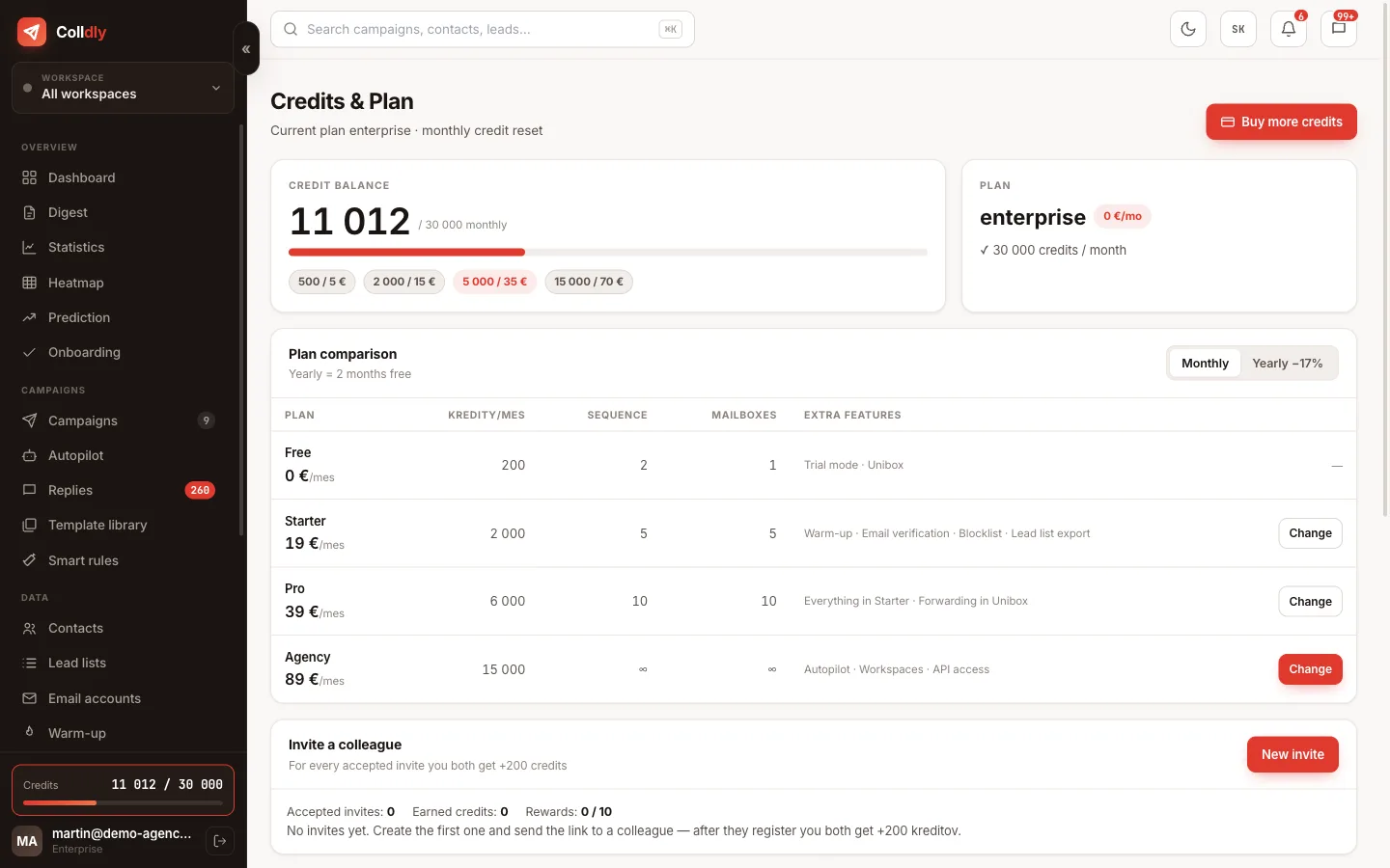 Credits, plan and billing in Colldly