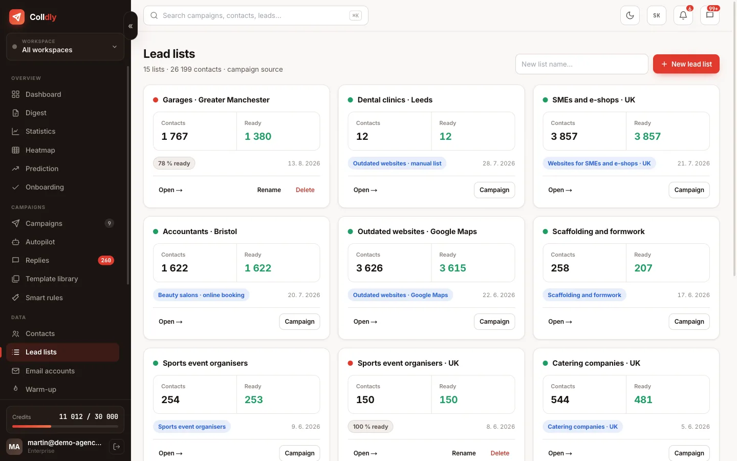 Lead lists in Colldly with verified company contacts