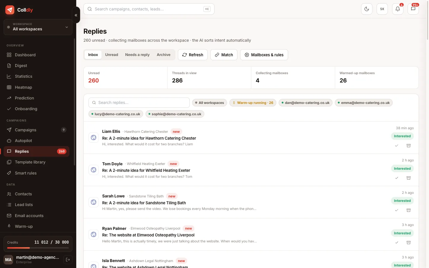 Unibox in Colldly with a list of replies and AI sorting