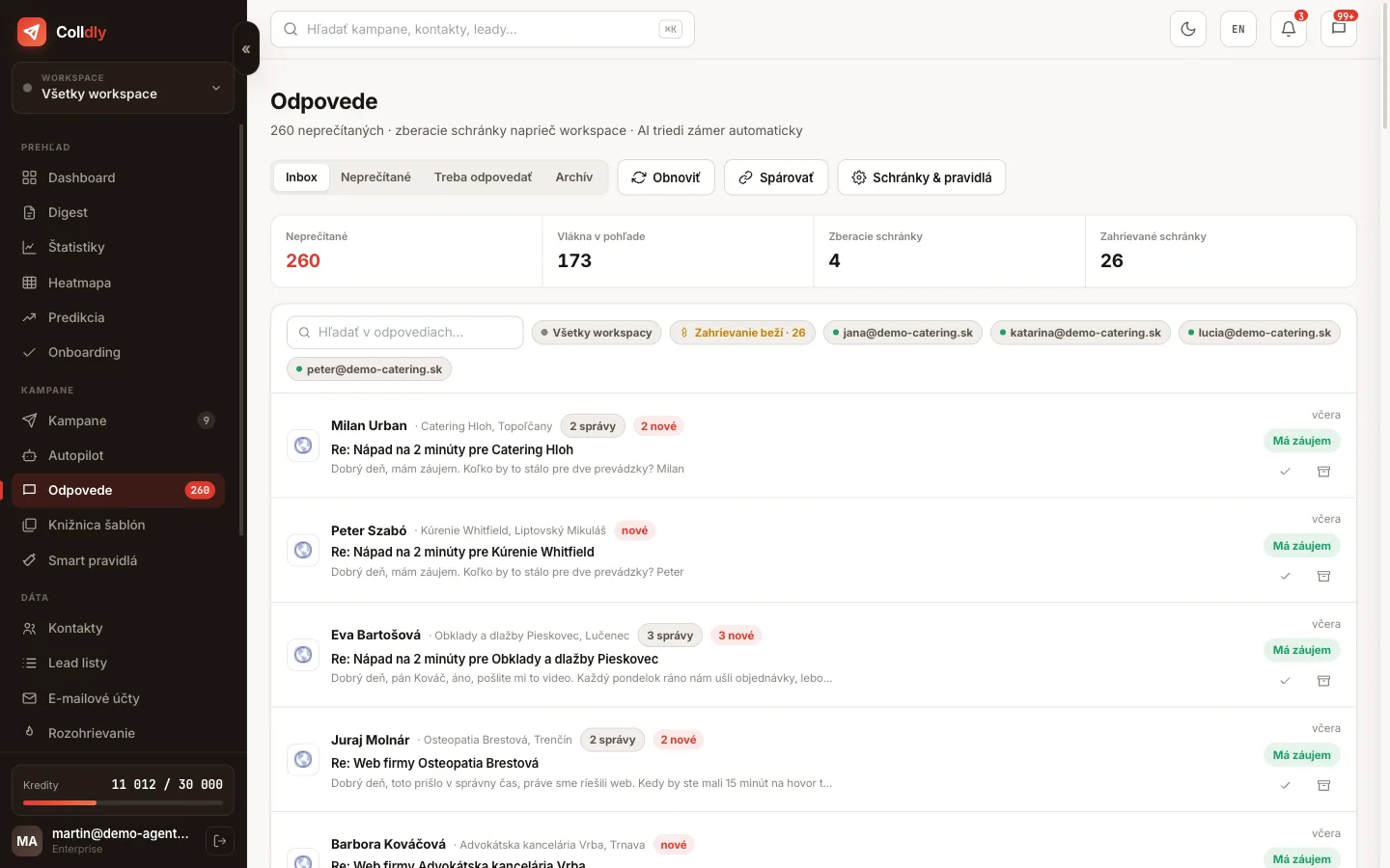 Unibox v Colldly so zoznamom odpovedí a AI triedením